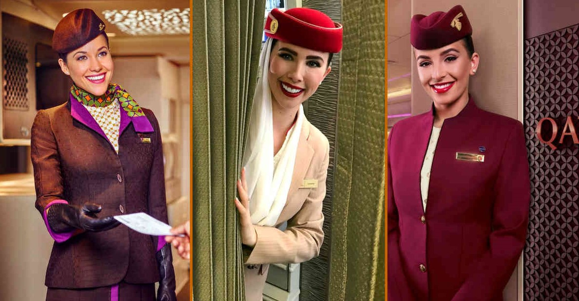 фирменная одежда бортпроводниц авиакомпаний Etihad Airways, Emirates Airlines, Qatar Airways, красивые стюардессы улыбаются