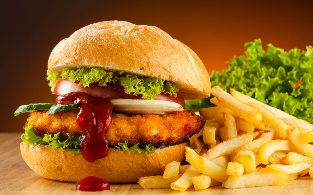 сочный гамбургер с кетчупом и картошка фри - проблема ожирения в США - что едят дети в Америке