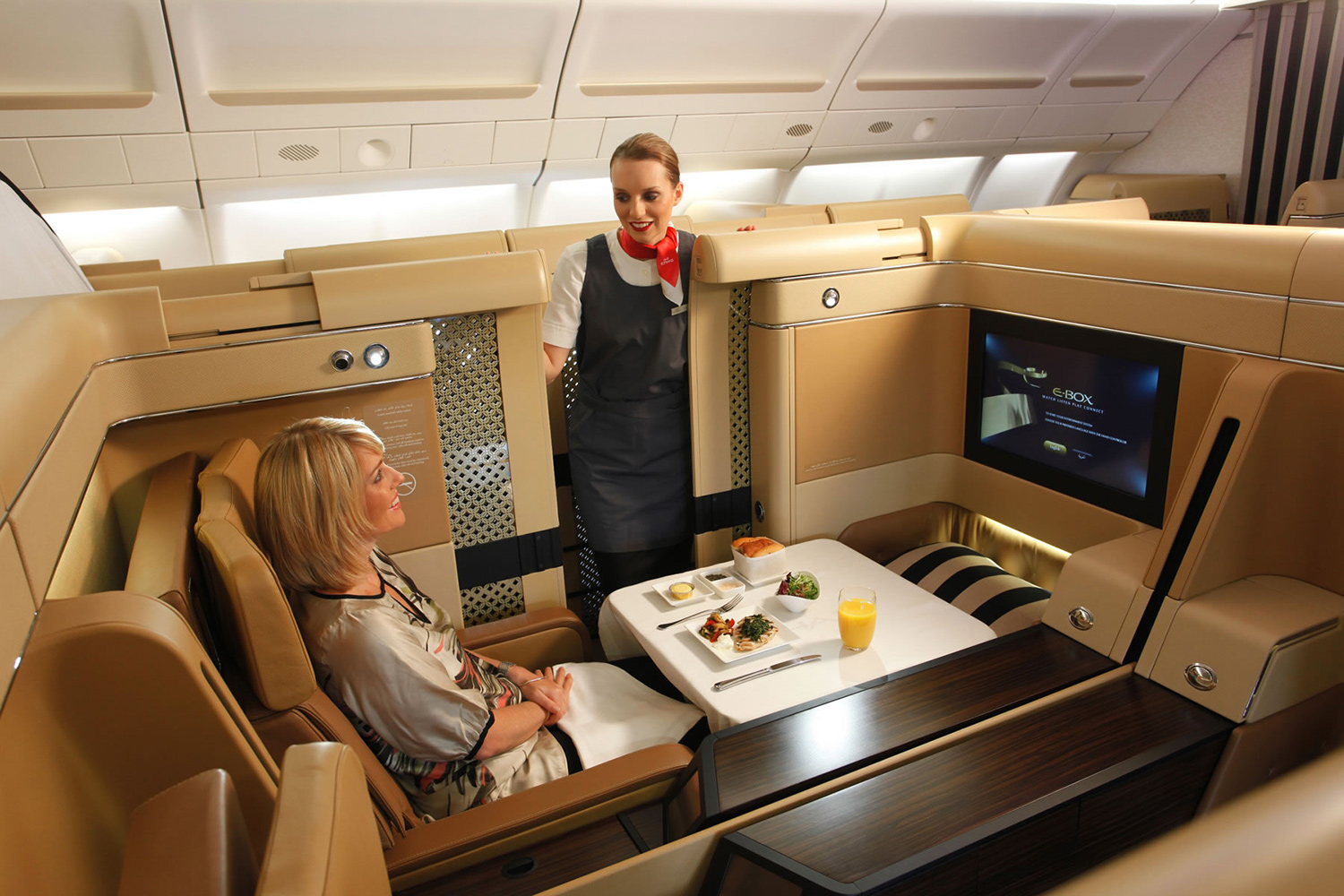 женщина сидит в салоне бизнес класса в самолете - стюардесса подает напитки на борту