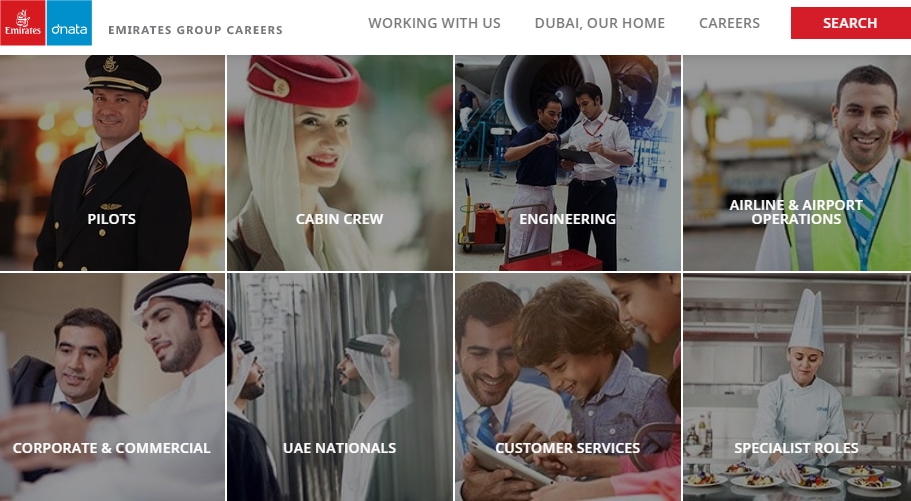 форма поиска с вакансией Cabin Crew на официальном сайте Emirates Career